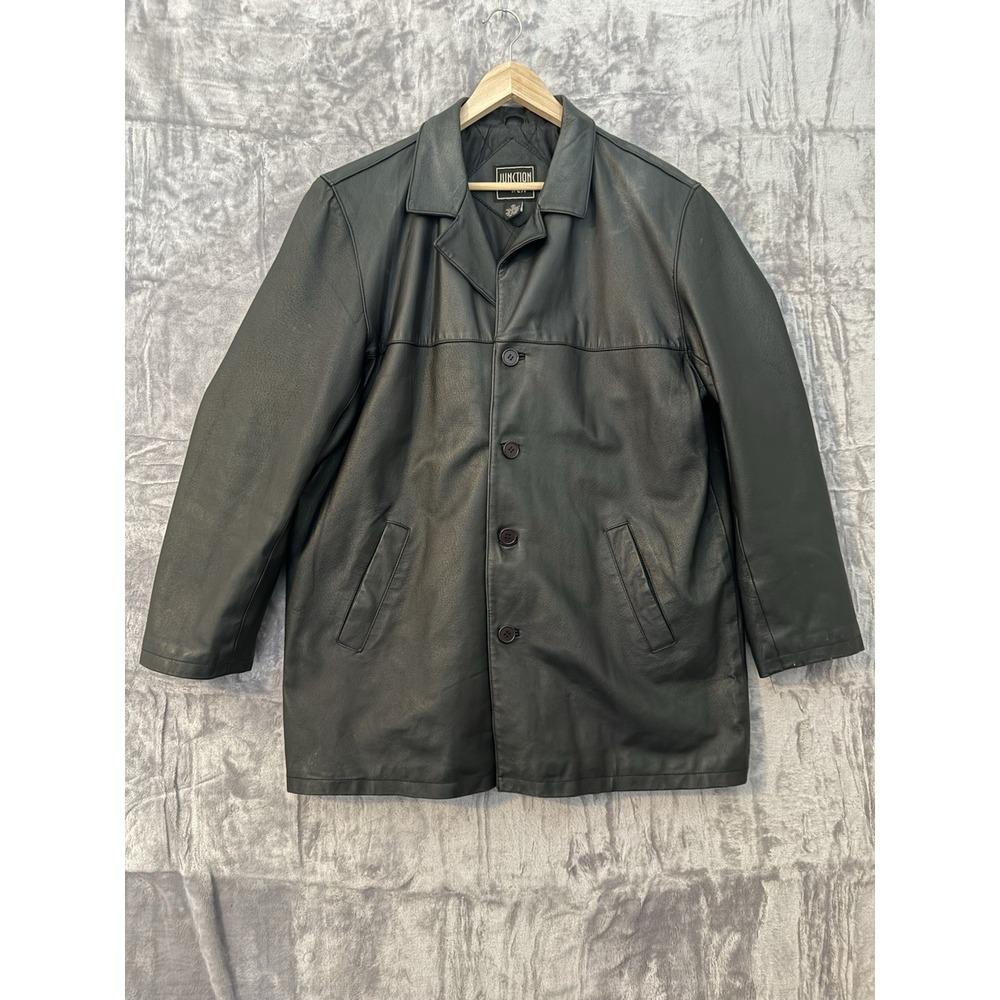 Junction West‎ Leather Jacket Mens Size L Black Long Coat Outdoor Button Classic
